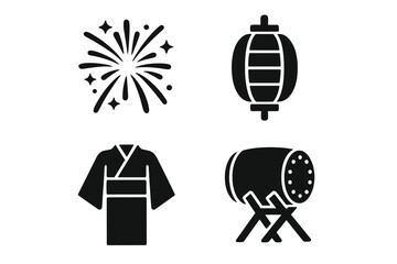 Japanese festival solid icon set. Japan culture celebration symbols. Vector graphics of firework, chochin lantern, yukata kimono dress, and taiko drum. Black glyph silhouette.
