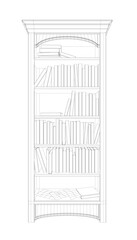 Old wooden bookshelf wireframe drawing with neatly arranged books of various sizes and colors on multiple shelves.