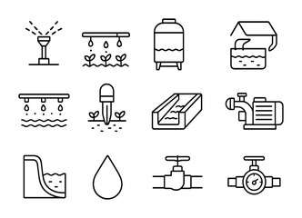 Irrigation Icon Set. Outline icon set of Irrigation and water management: sprinkler, drip system, water tank,