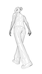 A determined woman walks away in a futuristic outfit, detailed contour drawing against a white background, hair in a sleek bun.