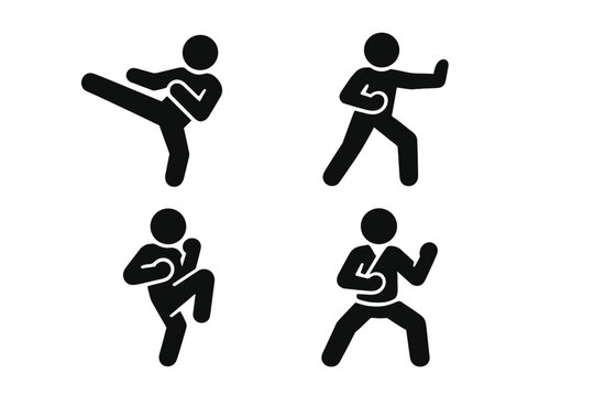 Martial arts icon set. Solid black silhouette pictograms of fighting poses. Karate, kickboxing, MMA self defense. Man in action: side kick, knee thrust, palm strike, block stance.