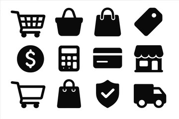 Shopping and e-commerce silhouette icon set with cart, bag, retail, payment, price tag, store, delivery, and security symbols, vector cartoon illustration, transparent background