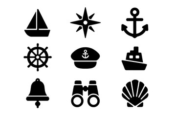 Nautical marine solid icon set. Sea navigation and adventure symbols collection. Vector illustration with sailboat, anchor, ship wheel, compass, captain hat, bell, and binoculars.