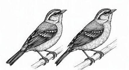 Two detailed black and white illustrations of small birds perched on branches