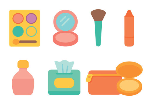 Travel Makeup Essentials. Flat vector mini-illustrations travel makeup kit in colors children's illustrations: