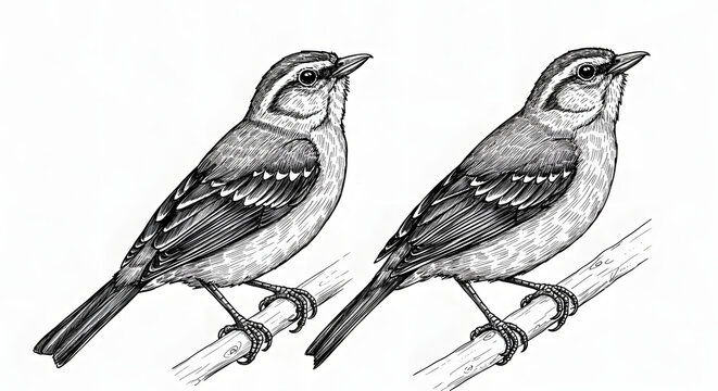 Two detailed black and white illustrations of small birds perched on branches