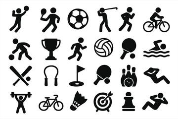 Sports and leisure silhouette icon set with recreation, games, exercise, and fitness activities collection. Vector cartoon illustrations with transparent background in ordered set.