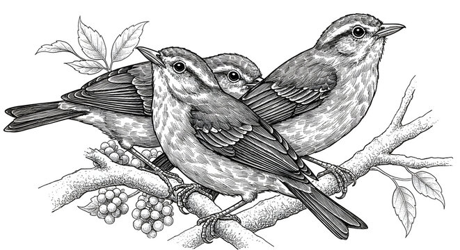 Detailed black and white illustration of a small flock of sparrows perched on a branch