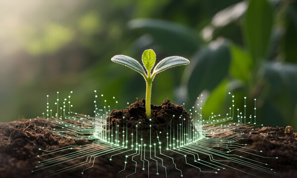 Young plant sprouting with glowing circuit board concept, representing growth and technology