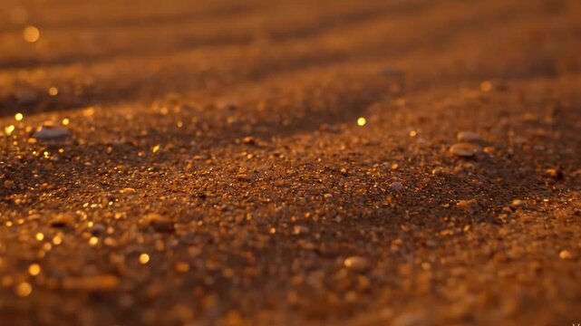Golden sand texture background close up macro shot of beach sand with sun light bokeh