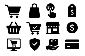 Shopping and e-commerce solid icon set with cart, purchase, retail, price, online store, payment, security, delivery, shopping bag, and digital transaction symbols in vector cartoon style
