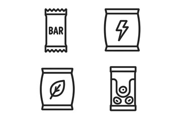 Healthy snack packaging line icon set, energy snacks symbols, natural food wrappers, organic snack pouch illustrations in vector cartoon style, transparent background collection