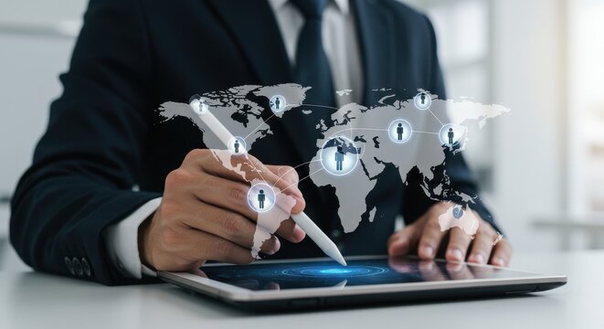 Businessman using tablet with global network and people connection