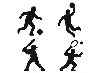 Bold vector sports silhouette icon set featuring soccer, basketball, baseball, and tennis players in dynamic action poses, cartoon style illustration with transparent background, ordered set 2