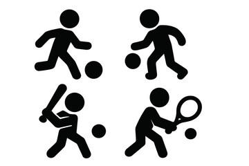 Bold Sports Silhouette Icon Set Featuring Soccer, Basketball, Baseball, and Tennis Players in Vector Cartoon Style with Transparent Background, Four Sport Actions
