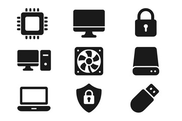Technology hardware solid icon set including microchip, computing devices, cybersecurity symbols, and electronic components in vector cartoon style with transparent background, ordered collection