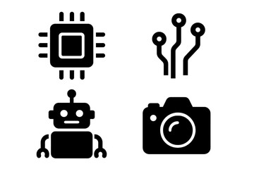 Fototapeta premium Technology solid icon set with chip, circuit, robot, camera icons. Vector cartoon illustration with transparent background. Modern tech symbols collection for design.