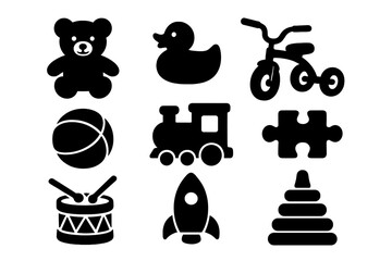Silhouette Toy Icons Set of Cute Playthings Including Bear, Puzzle, Train, Duck, Drum, Rocket, Ball, Bicycle, and Stacker Rings in Vector Cartoon Style with Transparent Background