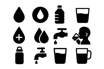 Water hydration solid icon set, essential liquid consumption symbols, vector cartoon illustration, drinking water, faucet, bottle, glass, tap drop, hydration health icons