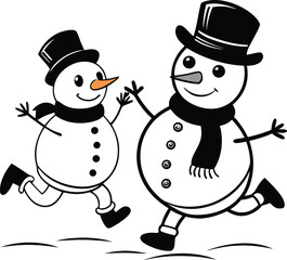 Snowmen Siblings Chasing Each Other In Snow