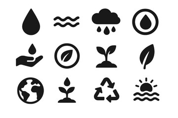 Clean Fresh Water and Nature Solid Icon Set, Environmental Vector Collection with Water Drops, Leaves, Sprouts, Earth, Recycling, and Weather Elements in Cartoon Style