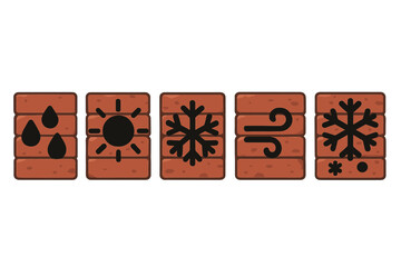 Weather icons on brick wall background, solid filled vector set of weather effects including rain drops, sun rays, frost, wind gusts, snowflakes, cartoon style illustration