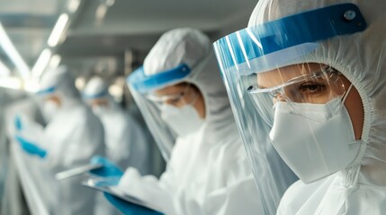Healthcare workers in protective gear conducting research hospital lab covid-19 response indoor facility close-up safety measures