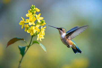 Fototapeta premium Hummingbird at Yellow Flowers Delicate Beauty Nature in Motion