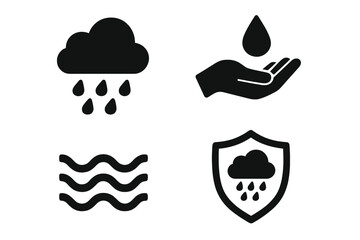 Weather safety solid icon set with rain, water conservation symbols, protection icons collection, environmental awareness vector illustration, transparent background
