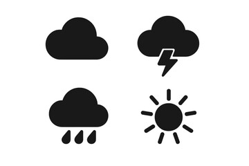 Weather silhouette icon set with cloud, storm, rain, and sunshine symbols in bold vector cartoon style, transparent background, ordered set for versatile weather design