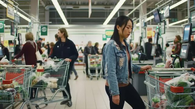 A woman in a denim jacket stands in a busy supermarket aisle filled with shoppers and carts