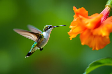 Fototapeta premium Hummingbird Hovering Near Vibrant Orange Hibiscus Flower Delightful Moment