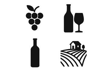 Wine and Winery Silhouette Icon Set with Grapes, Bottle, Vineyard, and Glass Black Vector Icons. Classic Cartoon Style Illustration with Transparent Background for Vineyard and Wine Branding