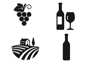 Wine and winery vector silhouette icon set featuring grape cluster, wine bottle, wine glass, and vineyard landscape in black. Elegant minimalist design with transparent background.