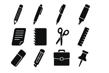 Obraz premium Writing and office silhouette icon set, essential stationery tools collection, black vector cartoon illustration with transparent background, organized office supplies vector set