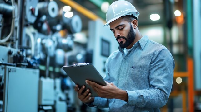 Industrial worker inspecting equipment in manufacturing facility technical assessment high-tech environment professional viewpoint safety standards