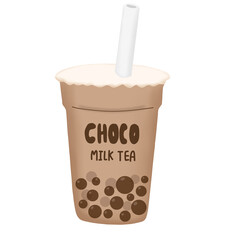 Plastic cup of iced chocolate milk tea with straw icon cartoon