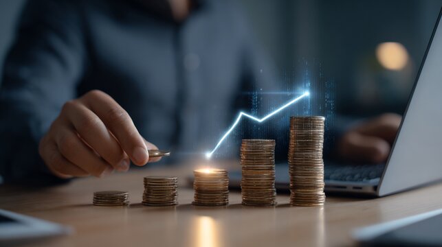 Person stacking coins with growth graph, symbolizing investment and profit