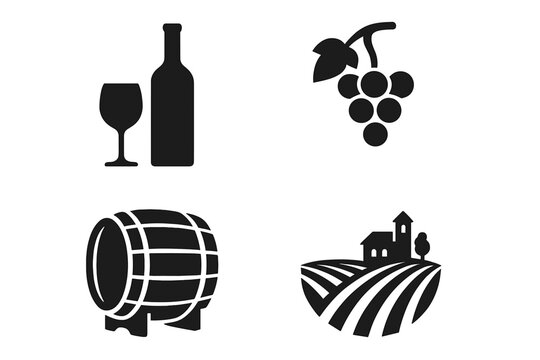 Wine and vineyard silhouette icon set featuring winery, grape harvest, barrel, wine bottle, and glass. Vector cartoon illustration with transparent background, vintage vineyard elements.