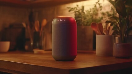 Modern Smart Speaker with Glowing Lights on a Wooden Countertop