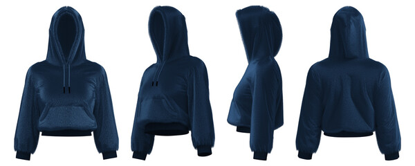 Realistic 3D cropped hoodie design with adjustable strings and hood