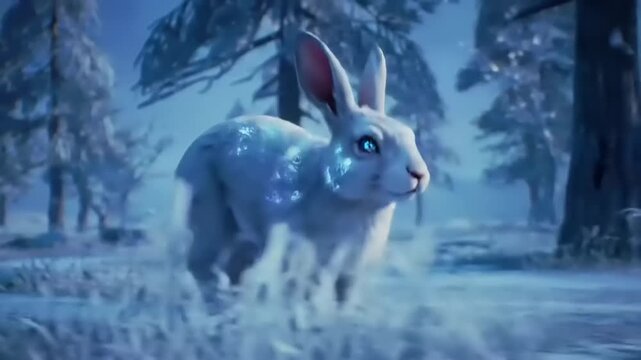 Glowing Arctic Hare Running Winter Forest.