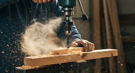 Woodworker using drill press on wooden planks woodworking craftsmanship
