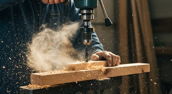 Woodworker using drill press on wooden planks woodworking craftsmanship