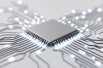Gray microchip on white board, Bright white lights illuminating black circuit lines in symmetrical layout