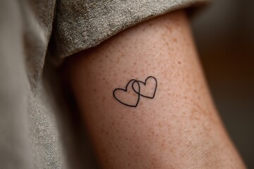 Intertwined Hearts: A close-up shot showcasing a simple tattoo featuring two interconnected hearts on an arm, a symbol of love, connection, and togetherness.