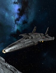 Obraz premium Spaceship flying near moon in space