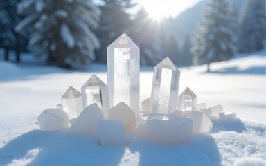 Clear quartz minerals on snowy landscape. Crystal Ritual. Esoteric, meditation, relax, life balance concept. spiritual practice, modern magic. winter season. High quality