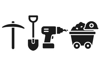 Coal mining tools icon set. Solid glyph vector icons for coal extraction. Pickaxe, shovel, drill, mine cart, helmet. Industrial equipment for quarry and excavation work.