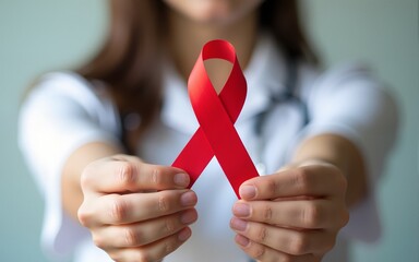Woman holding red ribbon for december world aids day. Healthcare concept. High quality
